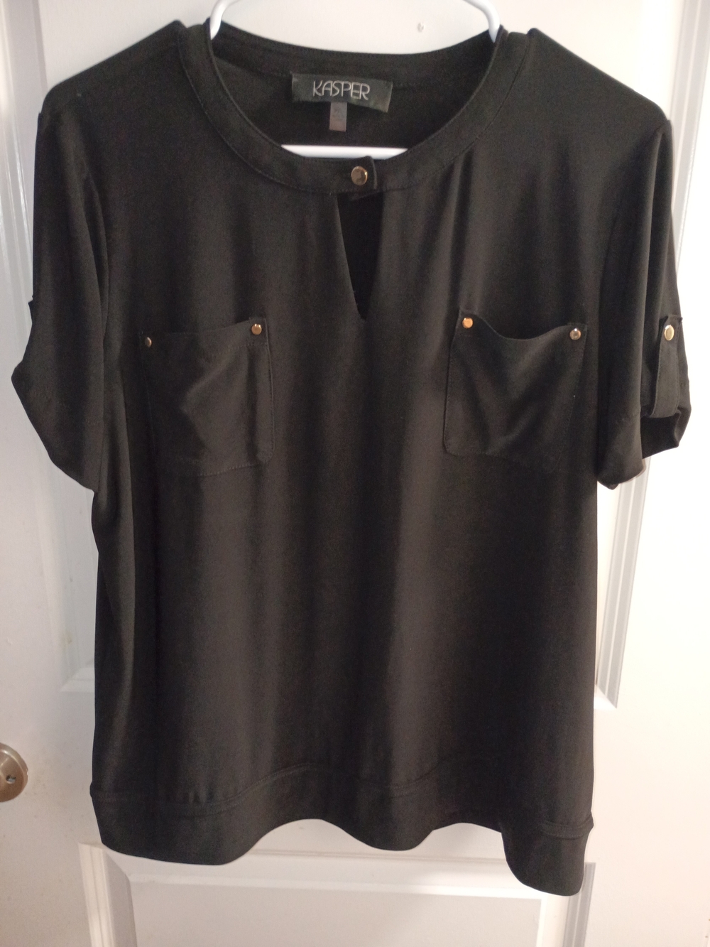 Kasper Black Short Sleeve Pocket Blouse with Gold Studs